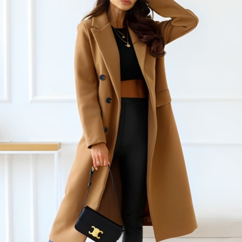 Street Wave Wool Blend Coat For Women Long Elegant Classic Double Breasted With Lapel Pockets