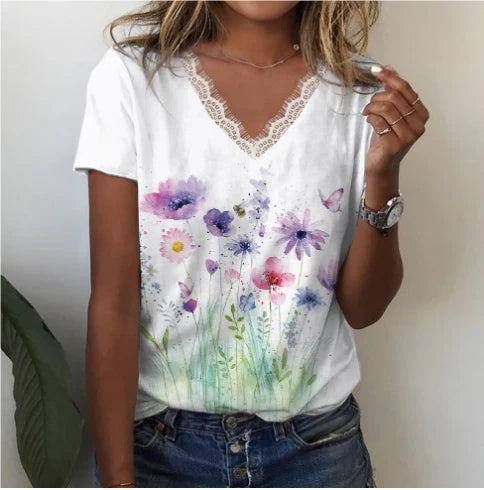 Streetwave Floral V Neck Tee For Women All Day Comfort With Soft Lightweight Lace Trim