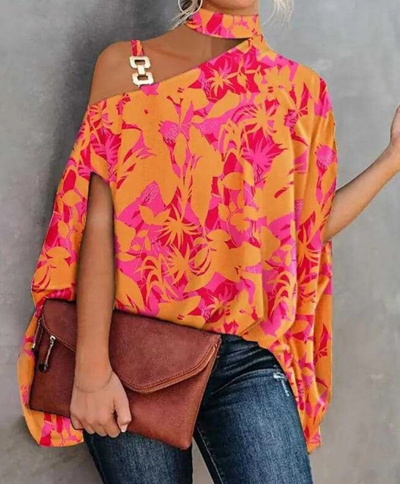 Street Wave Caya Asymmetrical One Shoulder Top with Gold Buckle Colorful Print for Women