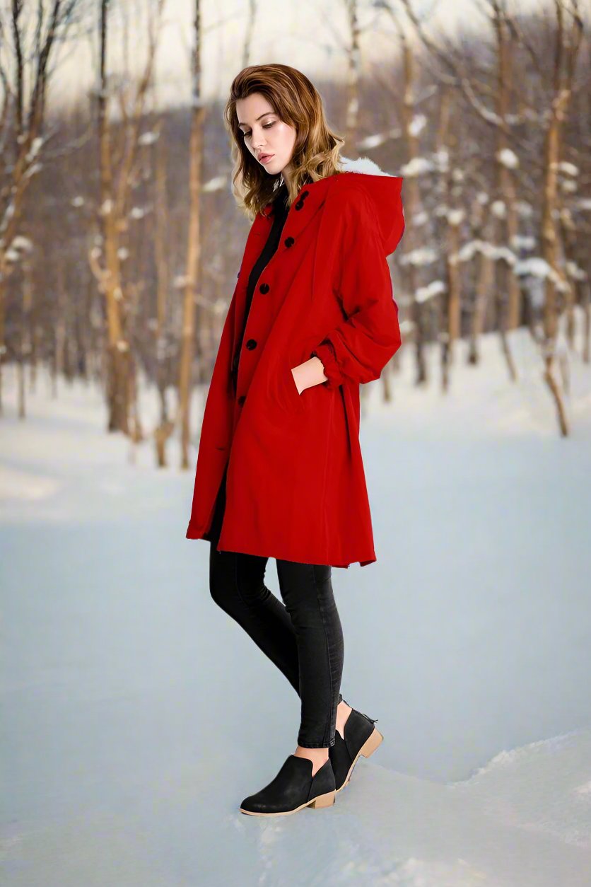 Street-wave Knee-Length Raincoat For Women With Adjustable Hood And Button Closure