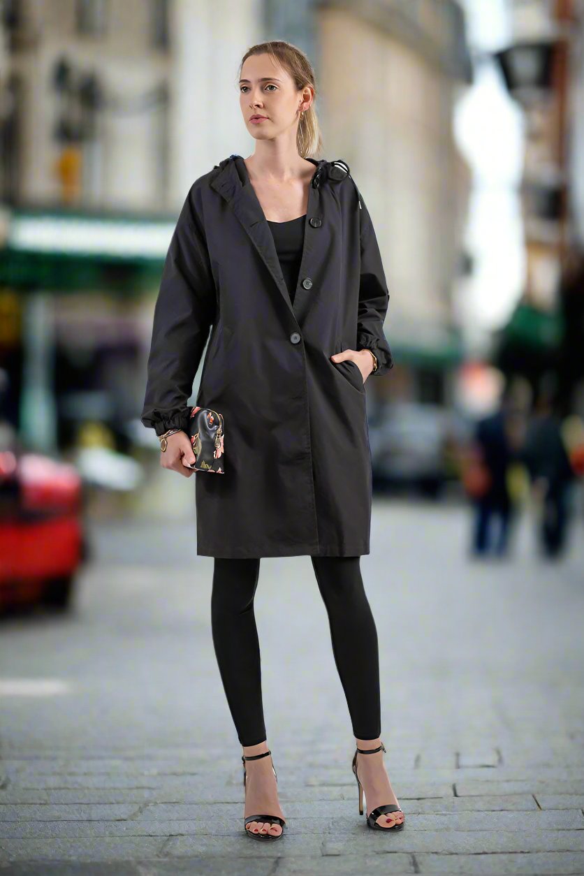 Street-wave Knee-Length Raincoat For Women With Adjustable Hood And Button Closure