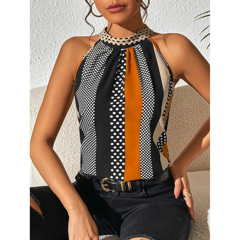 Street-wave Halter Top for Women Amalfi Polka Dot With Bold Orange Stripe Chic Statement Piece