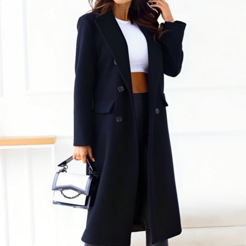 Street Wave Wool Blend Coat For Women Long Elegant Classic Double Breasted With Lapel Pockets