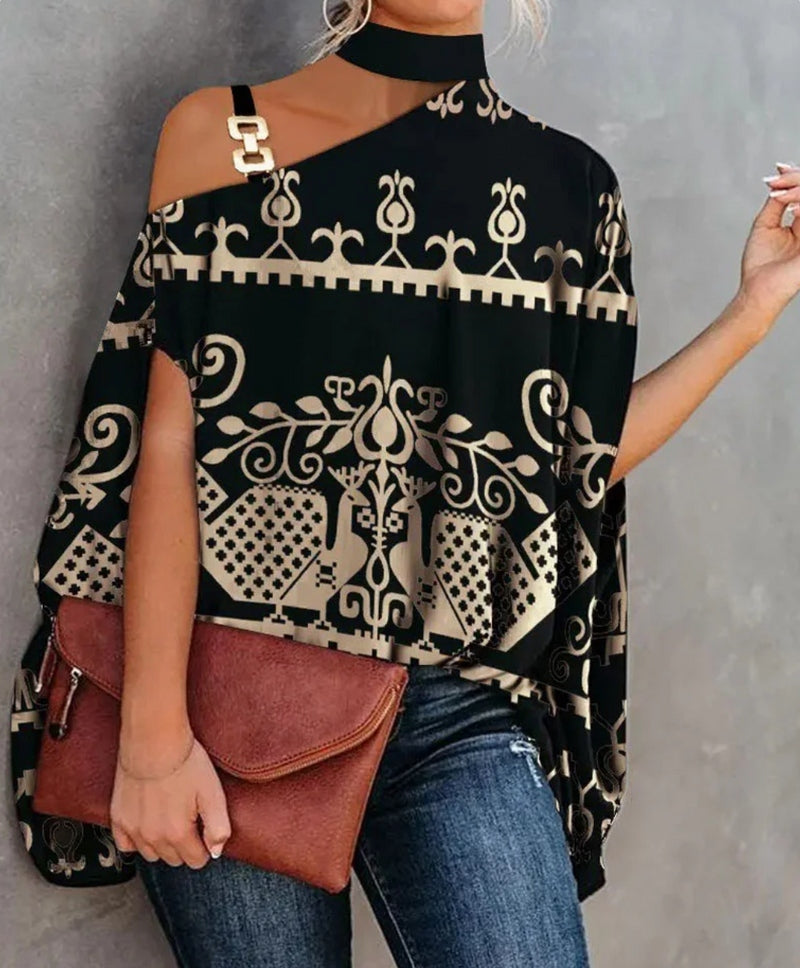 Street Wave Caya Asymmetrical One Shoulder Top with Gold Buckle Colorful Print for Women