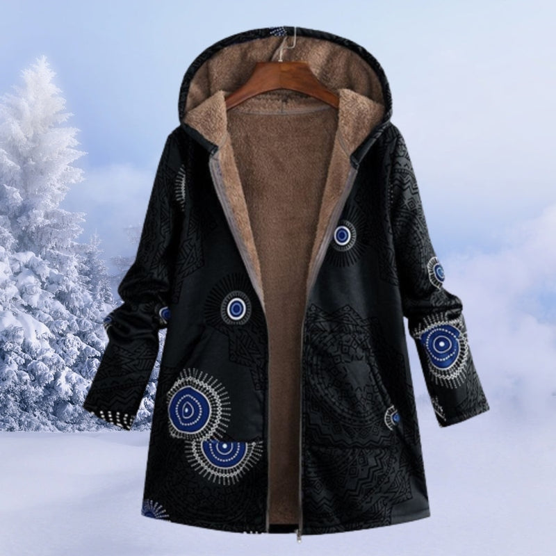 Street-Wave Floral Winter Coat For Women Warm Fleece-Lined Hooded Jacket With Cozy Lining