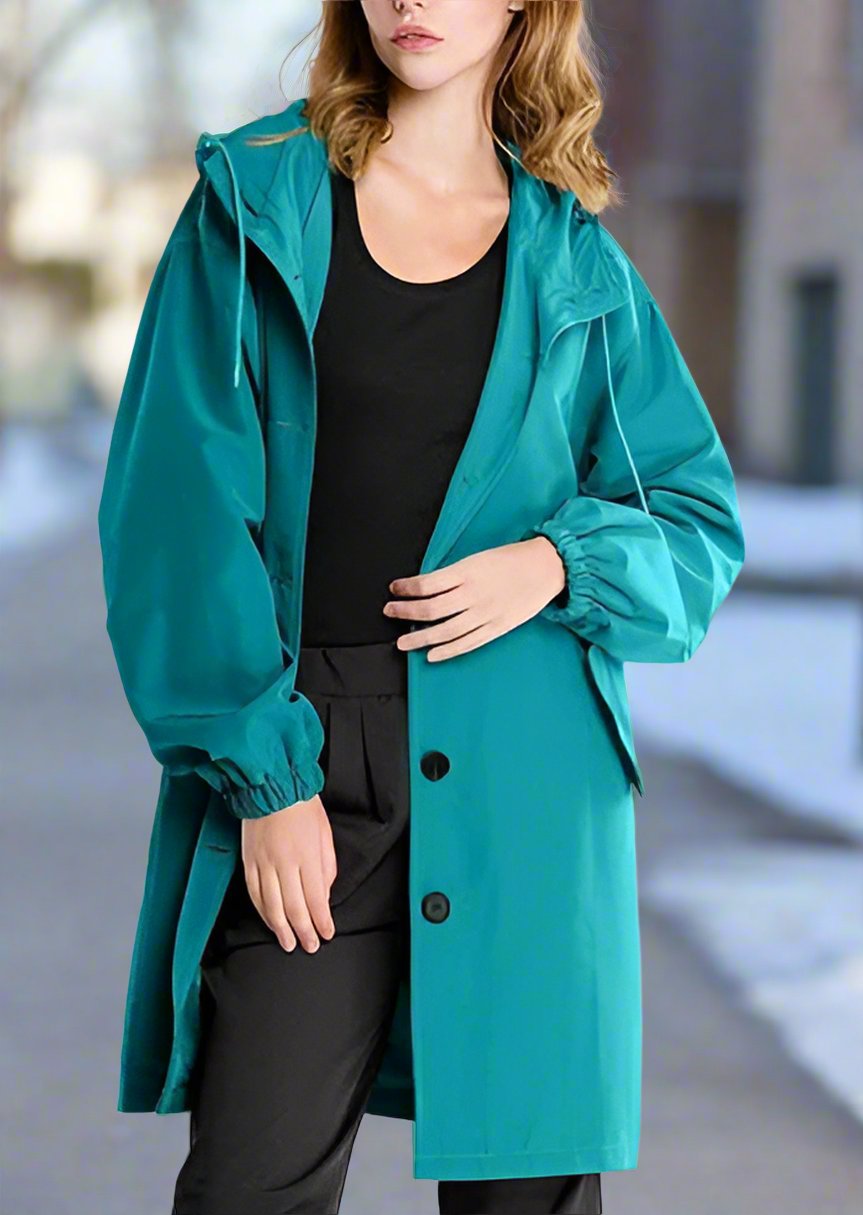 Street-wave Knee-Length Raincoat For Women With Adjustable Hood And Button Closure