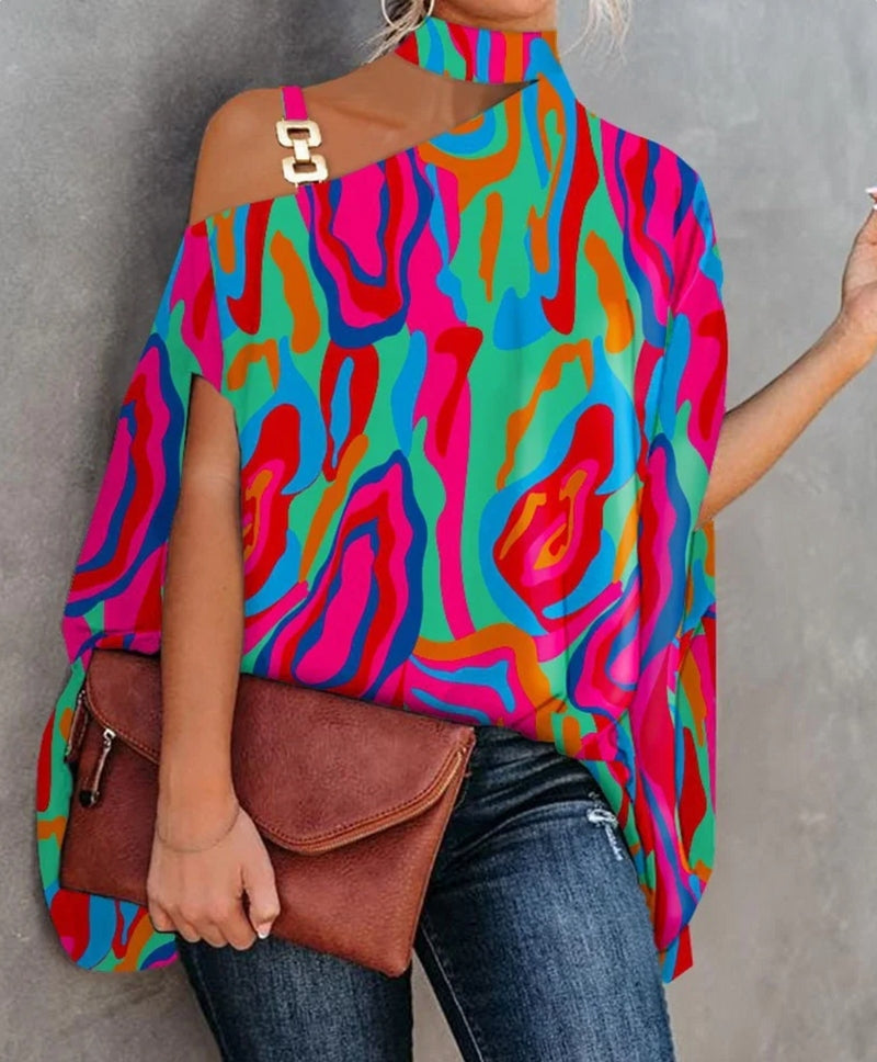 Street Wave Caya Asymmetrical One Shoulder Top with Gold Buckle Colorful Print for Women