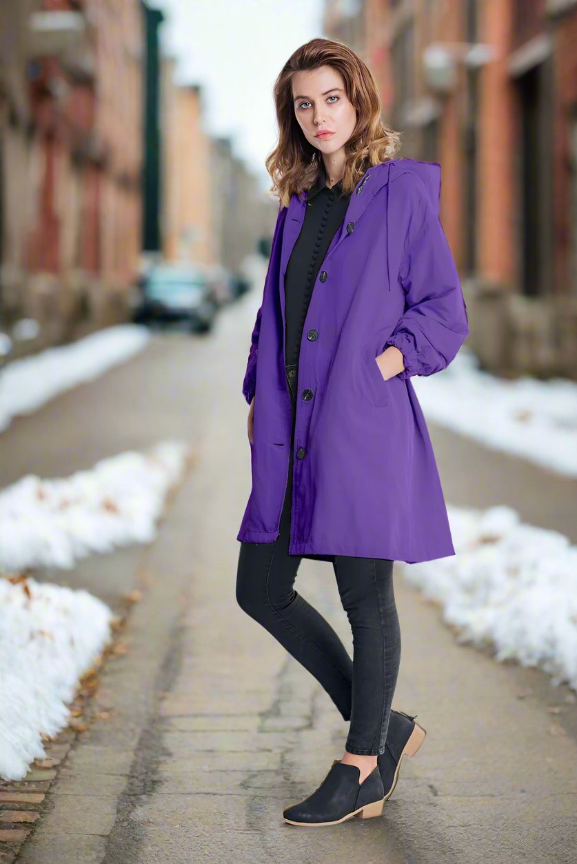Street-wave Knee-Length Raincoat For Women With Adjustable Hood And Button Closure