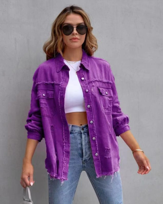 Street-Wave Oversized Denim Jacket With Destroyed Look For Women, Effortless Street Style