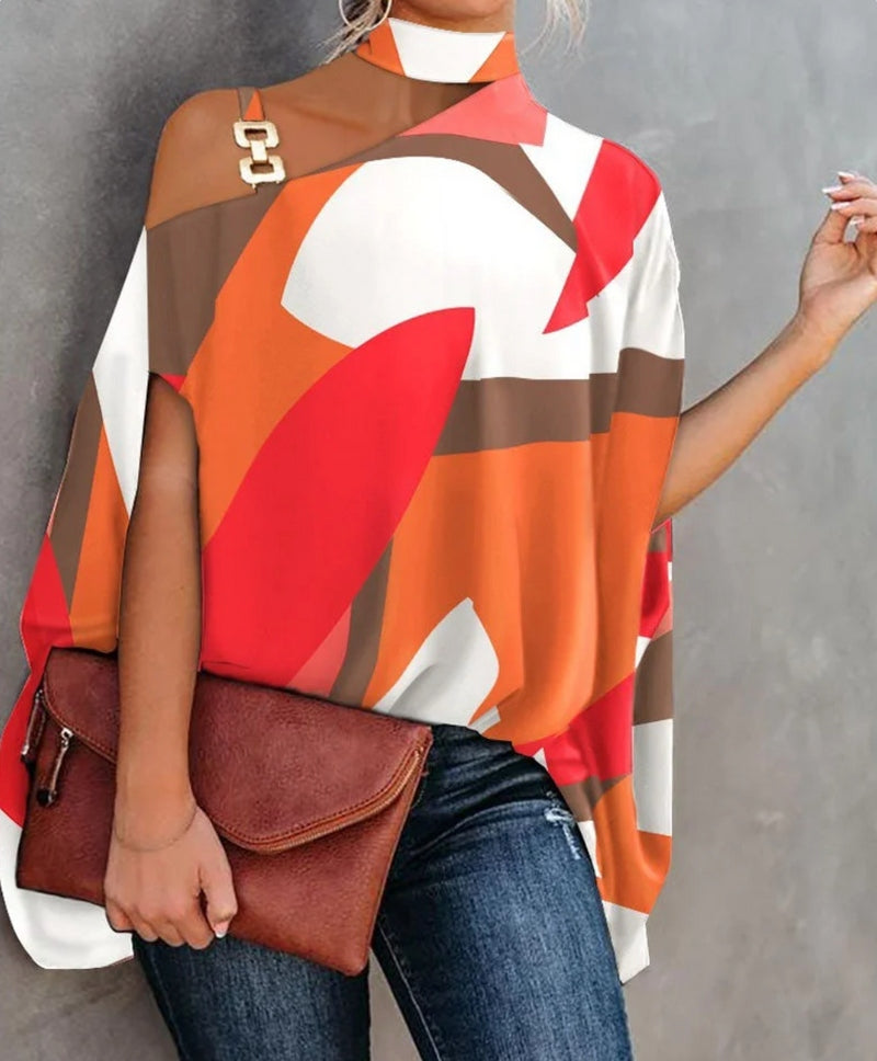 Street Wave Caya Asymmetrical One Shoulder Top with Gold Buckle Colorful Print for Women