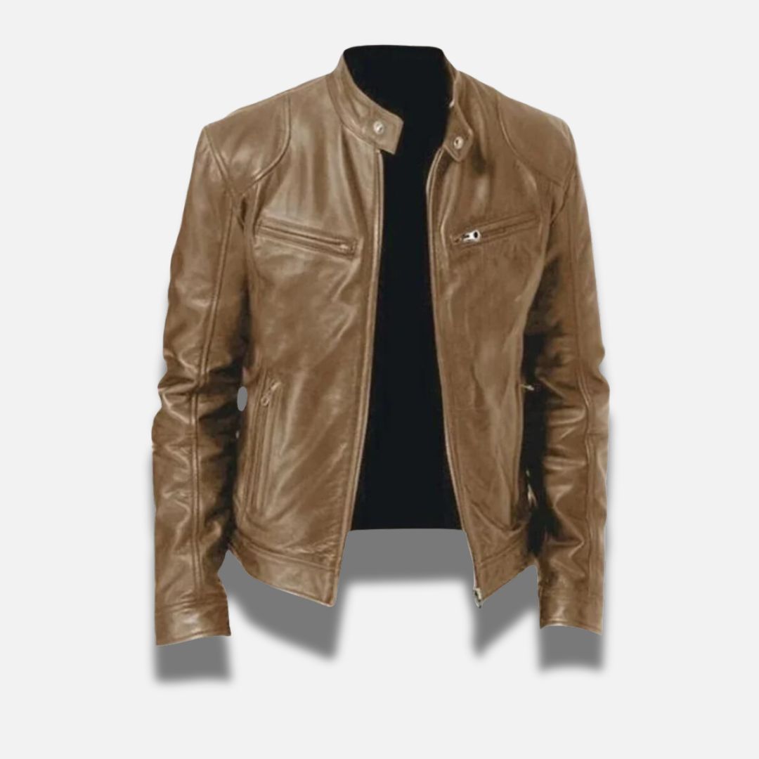 Oscar Slim Fit Premium Leather Racer Jacket With Band Collar And Zipper Pockets For Men