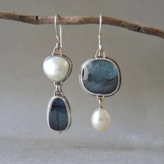 Women's Vintage Earrings with Blue Gem and Pearl Accents - Street-Wave