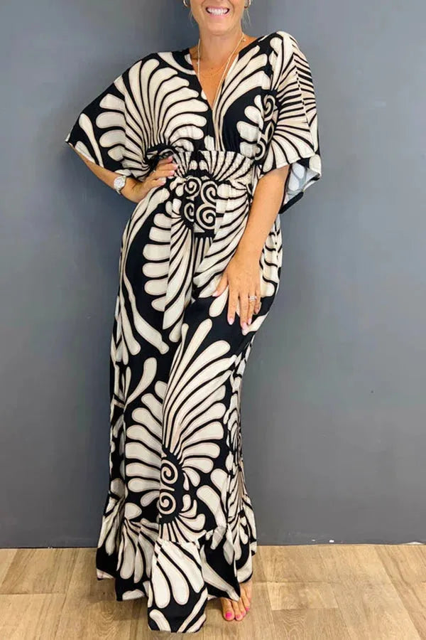 Street-Wave Bohemian Maxi Dress For Women Flattering V-Neck Wide Sleeves