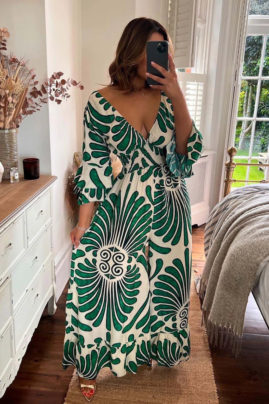 Street-Wave Bohemian Maxi Dress For Women Flattering V-Neck Wide Sleeves