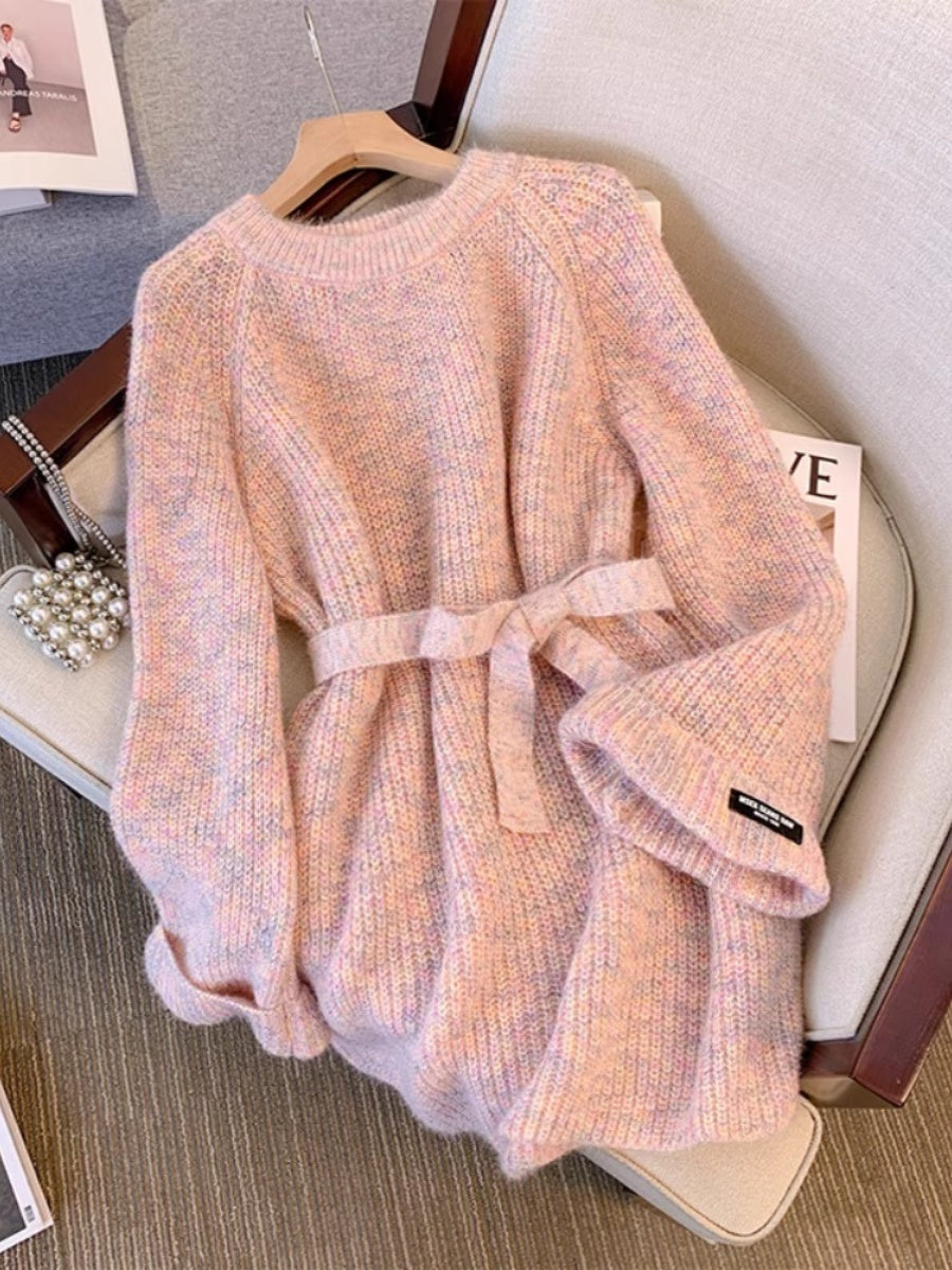 Ademaer Elegant Knit Dress With Tie Waist For Women Cozy Autumn Winter Sweater Dress