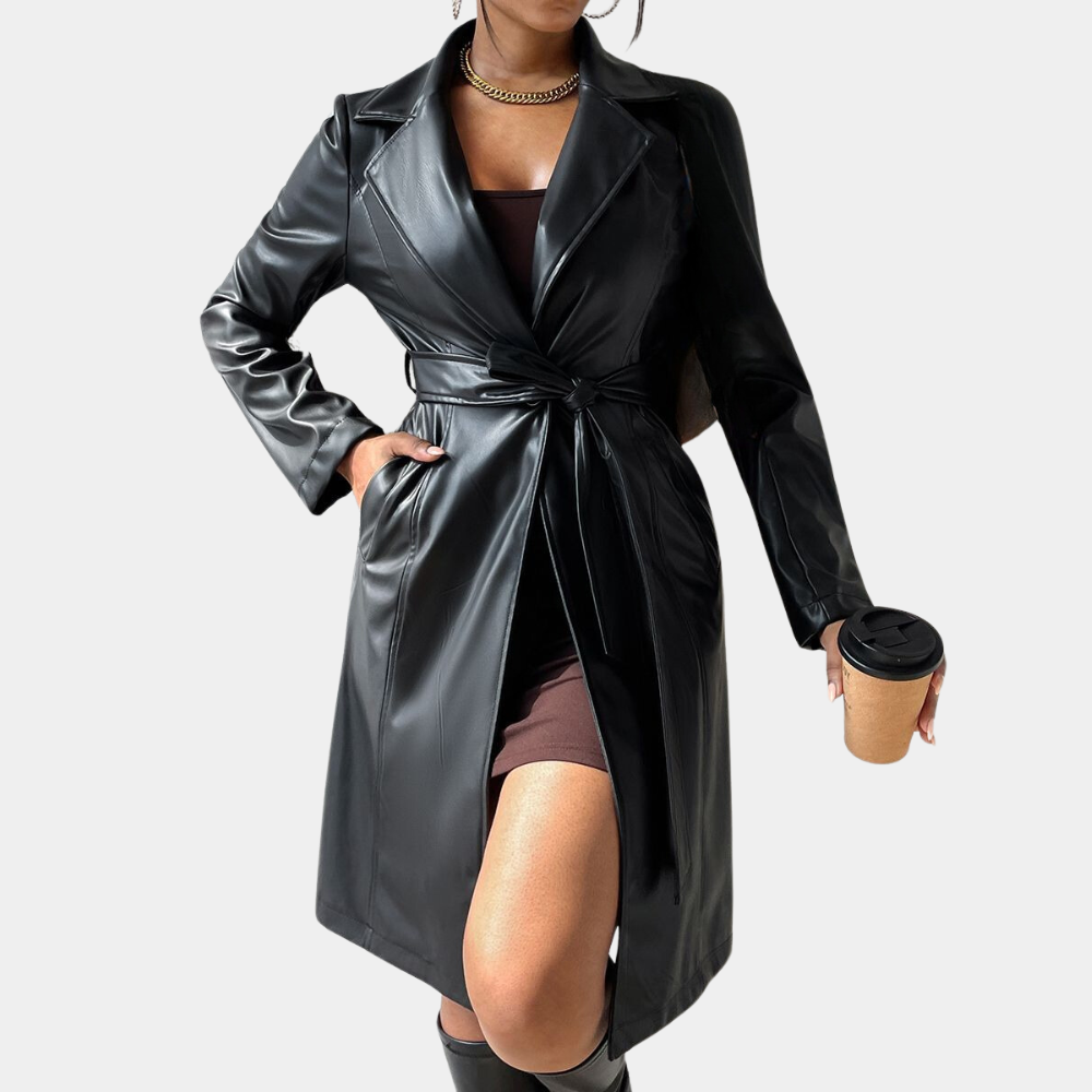 Street Wave Leather Look Long Coat For Women Belted Elegant Cozy Chic Fall Outerwear