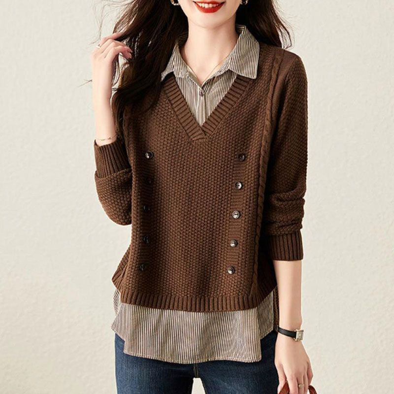 Street-Wave Women's Two Piece Knit Sweater With Collar For Elegant Layered Look Everyday Wear