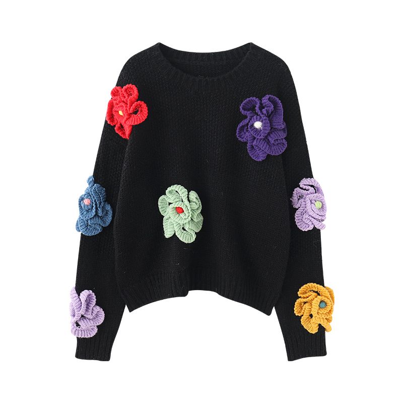 Street-Wave 3D Flower Pullover For Women Cozy Oversized Knit With Floral Embellishments