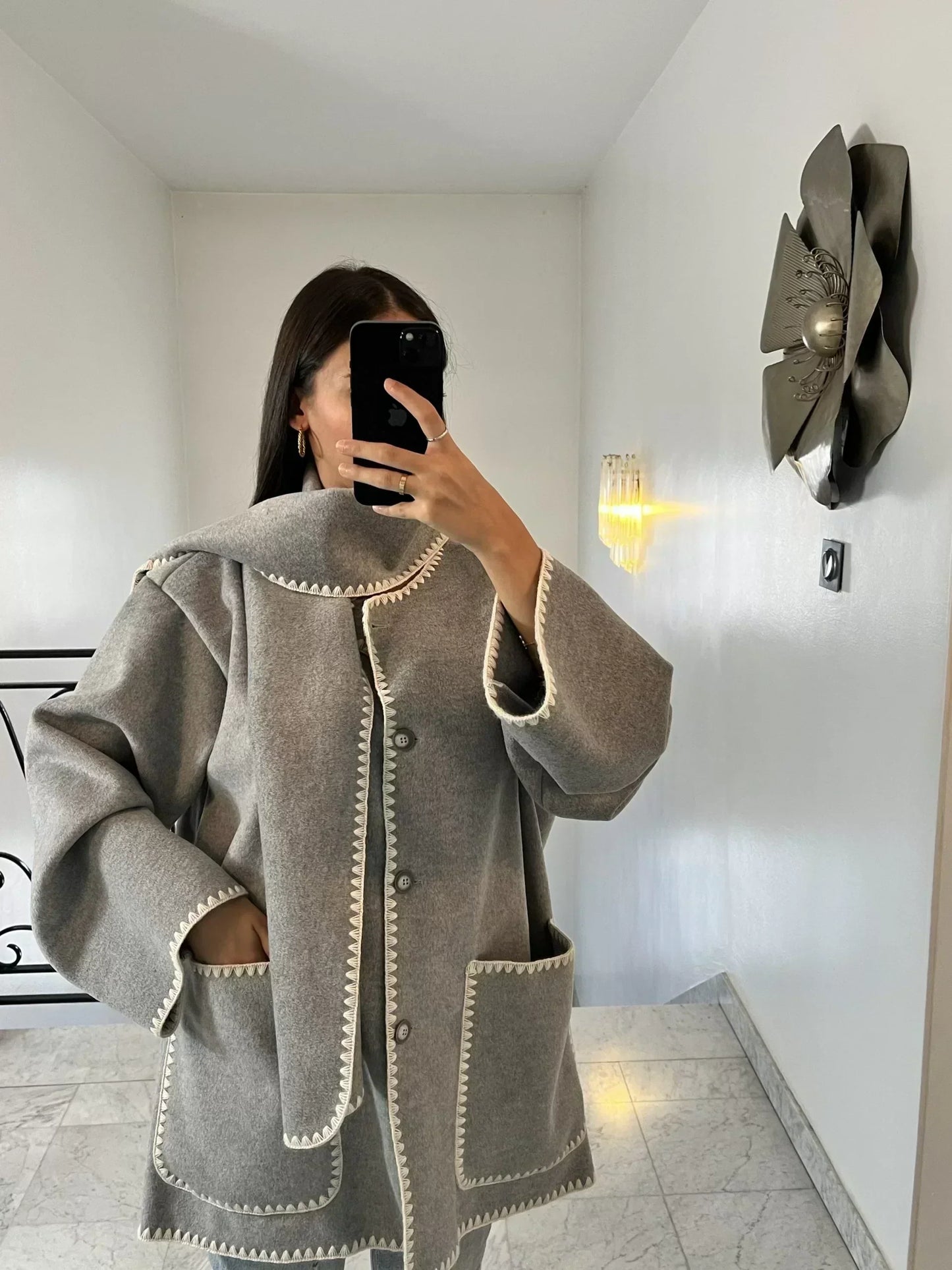 Street Wave Poncho Coat Wool Blend Warmth With Oversized Fit High Collar Three Quarter Sleeves For Women