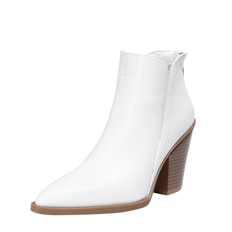 Street-wave Pointed Toe Block Heel Ankle Boots White Gloss Finish for Modern Women