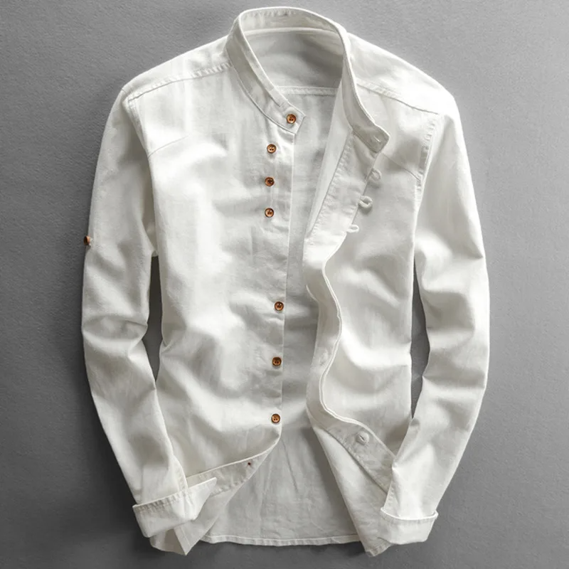 Street-Wave Men Slim Fit Linen Mandarin Collar Shirt With Button Front Long Sleeve Hip Length For Casual Wear