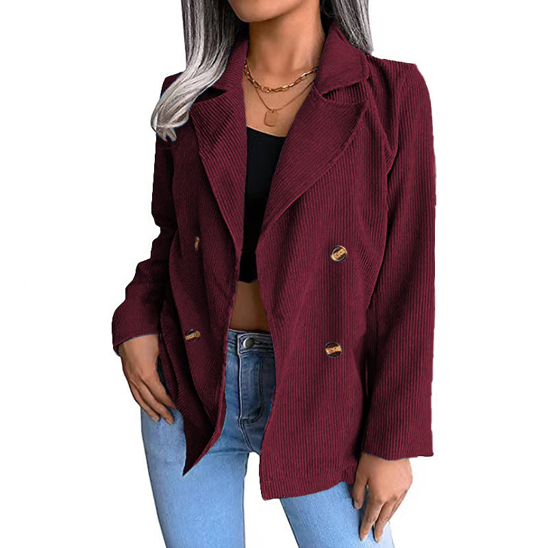 Street-Wave Corduroy Double-Breasted Blazer for Women, Tailored Fit, Classic Lapel
