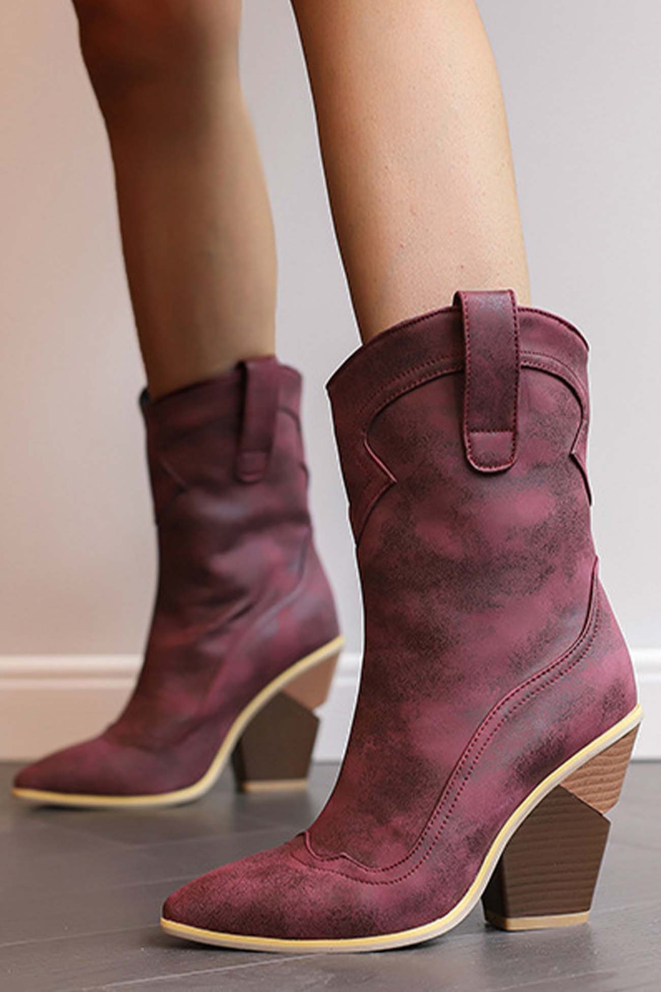 Street-wave Pointed Toe Western Boots For Women Mid Calf Shaft Denim Blue Suede Trendy Cowboy Style