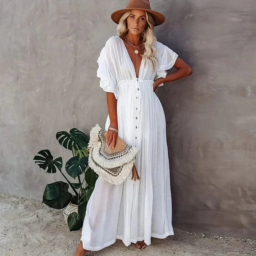 Women's Maxi Dress – Loose Fit – Cotton Blend – Puff Sleeves – V-Neck Boho Style - Street-Wave