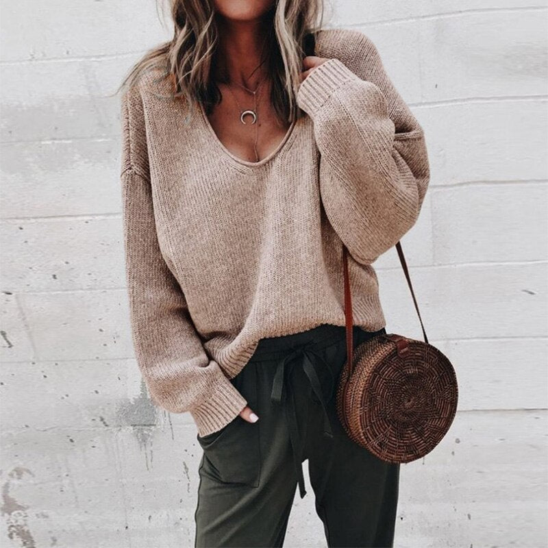 Street-wave Women's V-Neck Knit Pullover Sweater For Autumn Warmth And Effortless Casual Style
