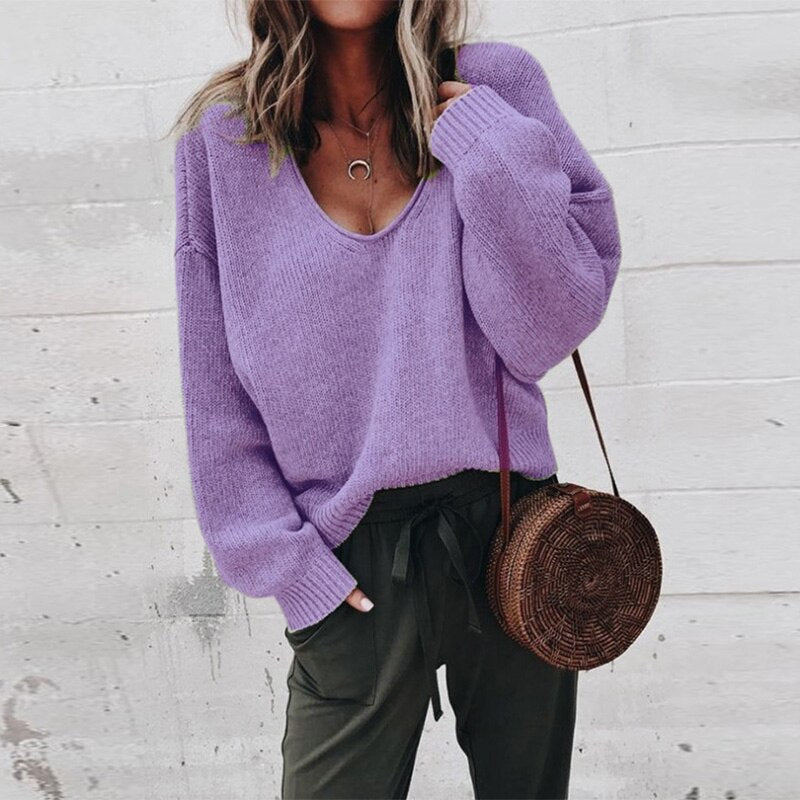 Street-wave Women's V-Neck Knit Pullover Sweater For Autumn Warmth And Effortless Casual Style