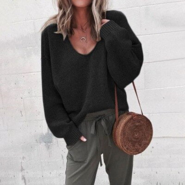 Street-wave Women's V-Neck Knit Pullover Sweater For Autumn Warmth And Effortless Casual Style