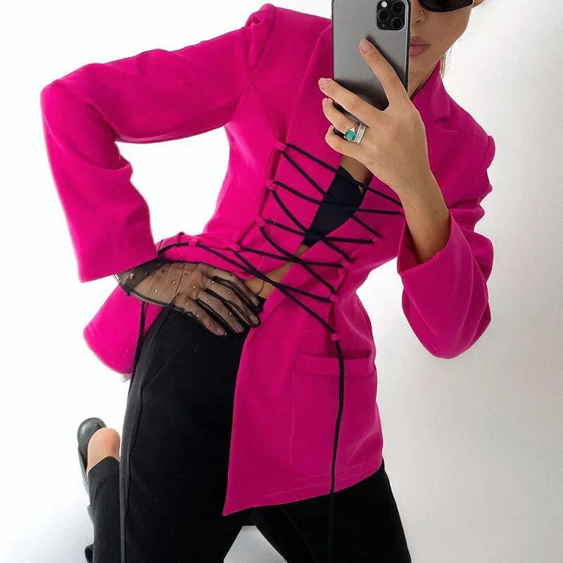 Street-wave Lace-Up Blazer With Corset Front And Front Pockets Ultra Lightweight Coat For Modern Women