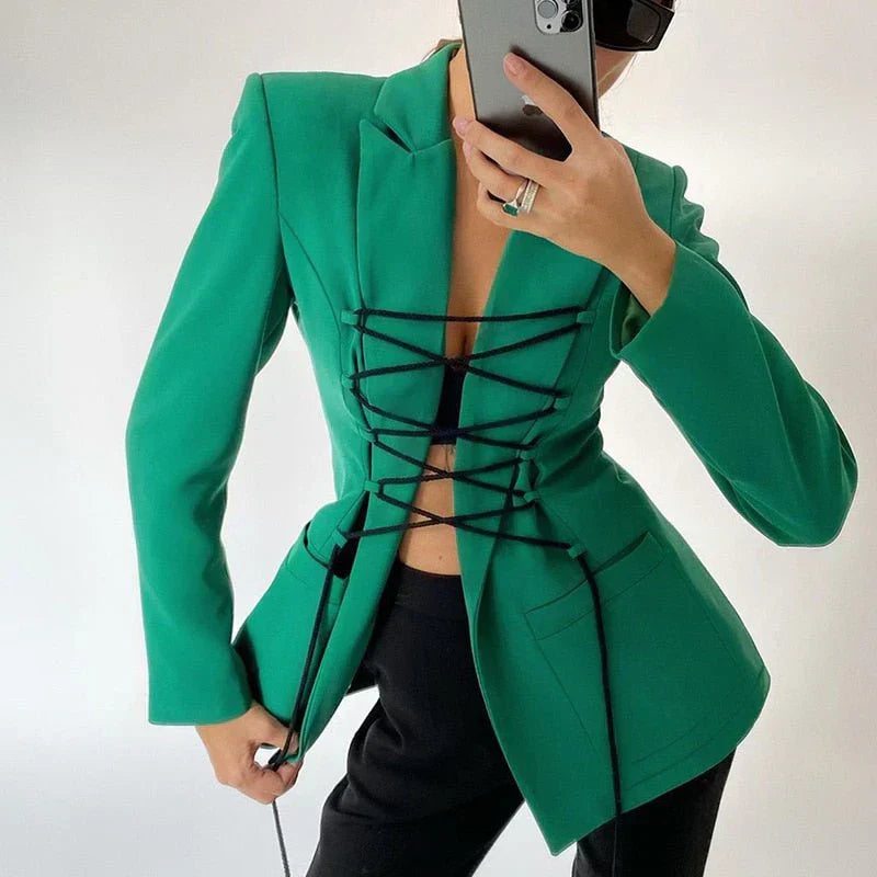 Street-Wave Lace-Up Blazer Coat for Women, Cinched Front Corset Detail with Pockets
