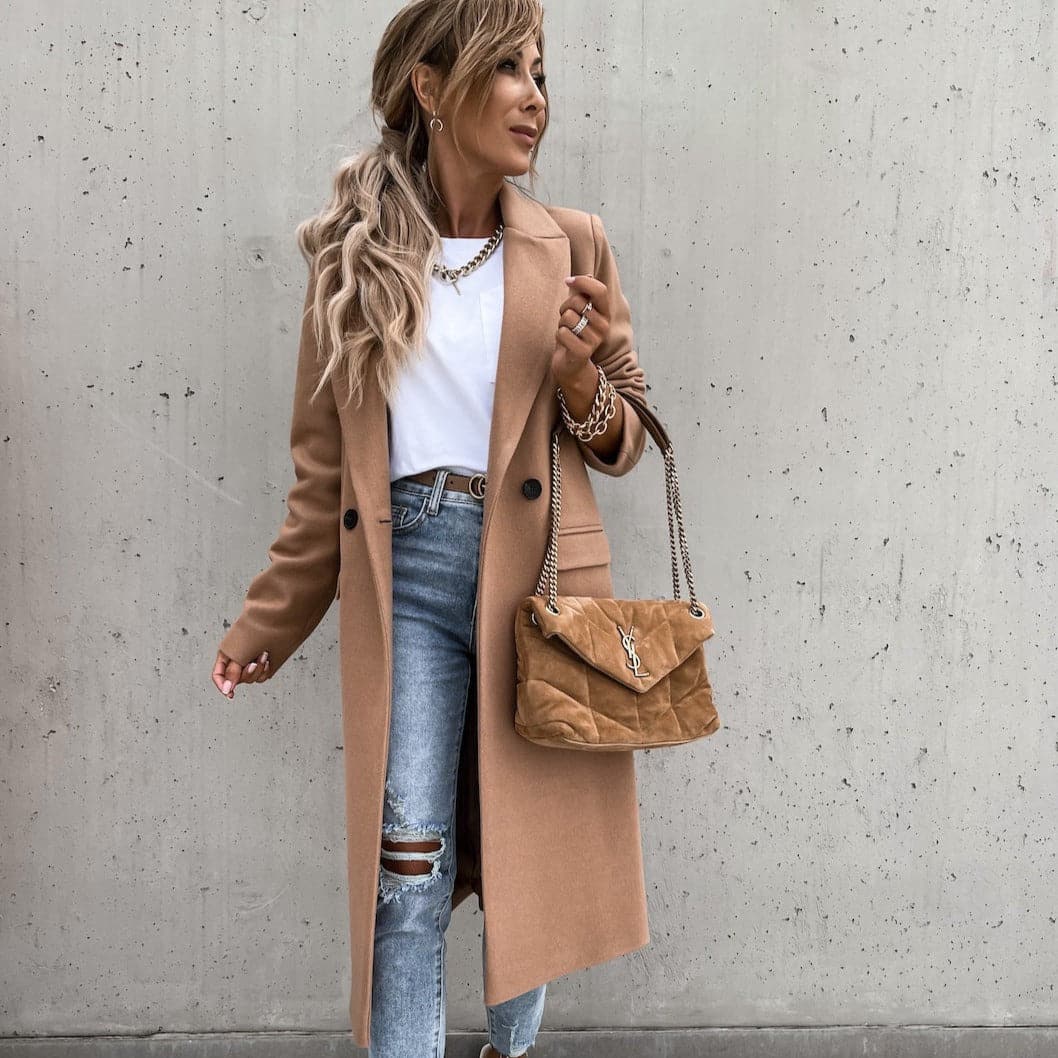 Street-wave Tailored Long Wool Blend Coat For Women With Notched Lapel Elegant Everyday Outerwear