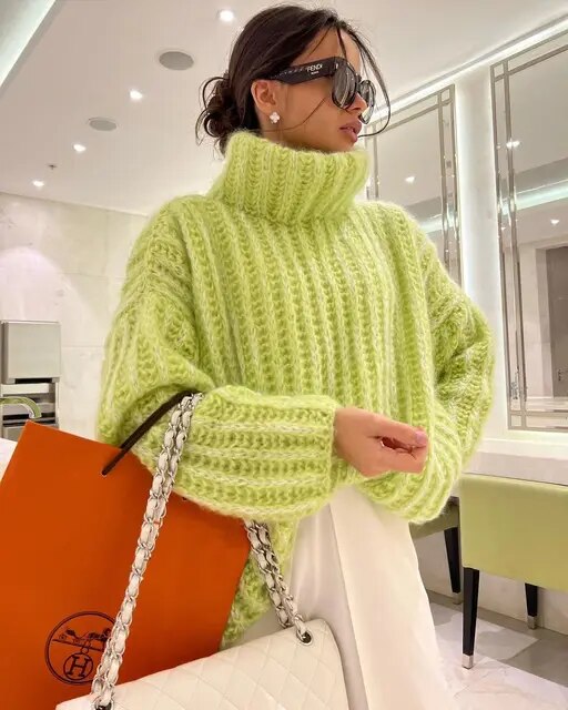 Street-wave Cozy Pink Chunky Knit Sweater For Women Oversized Warm Turtleneck Soft Winter Essential