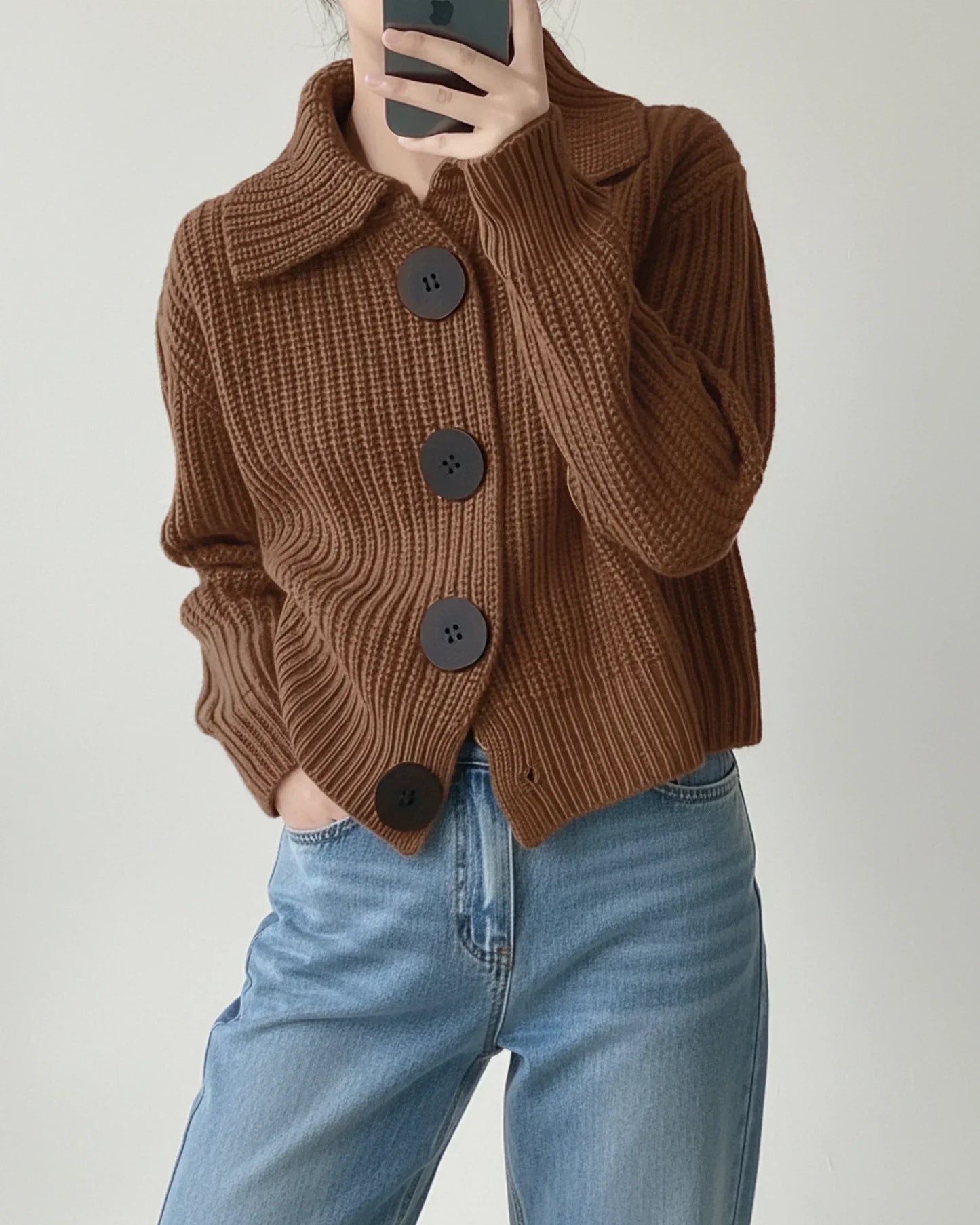 Street Wave Women Cropped Knit Collar Cardigan Button Front Chic