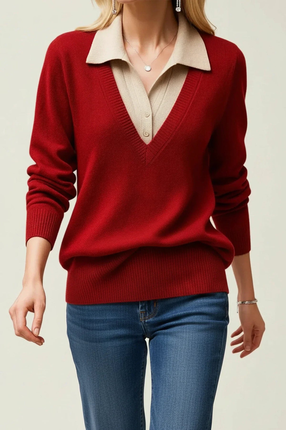 Street-Wave Women's V-Neck Collared Sweater With Button Cuffs