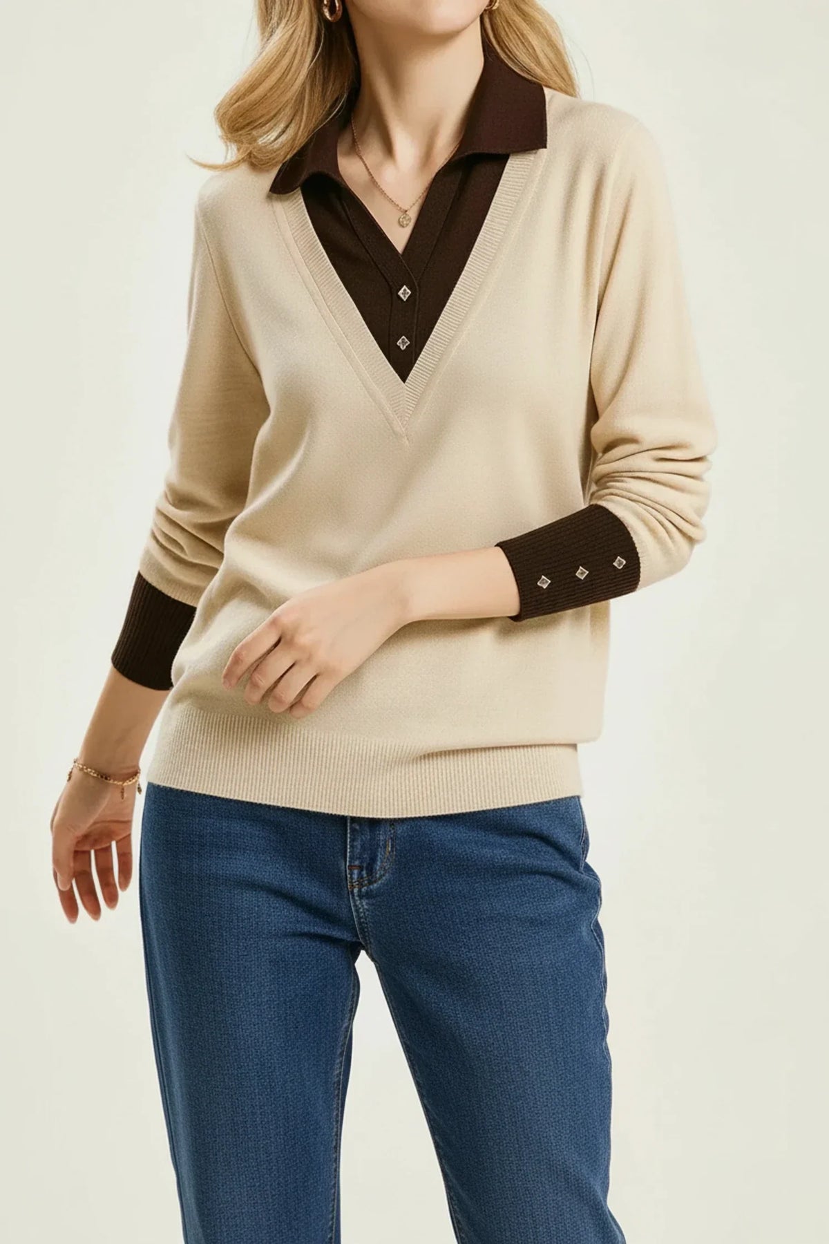 Street-Wave Women's V-Neck Collared Sweater With Button Cuffs