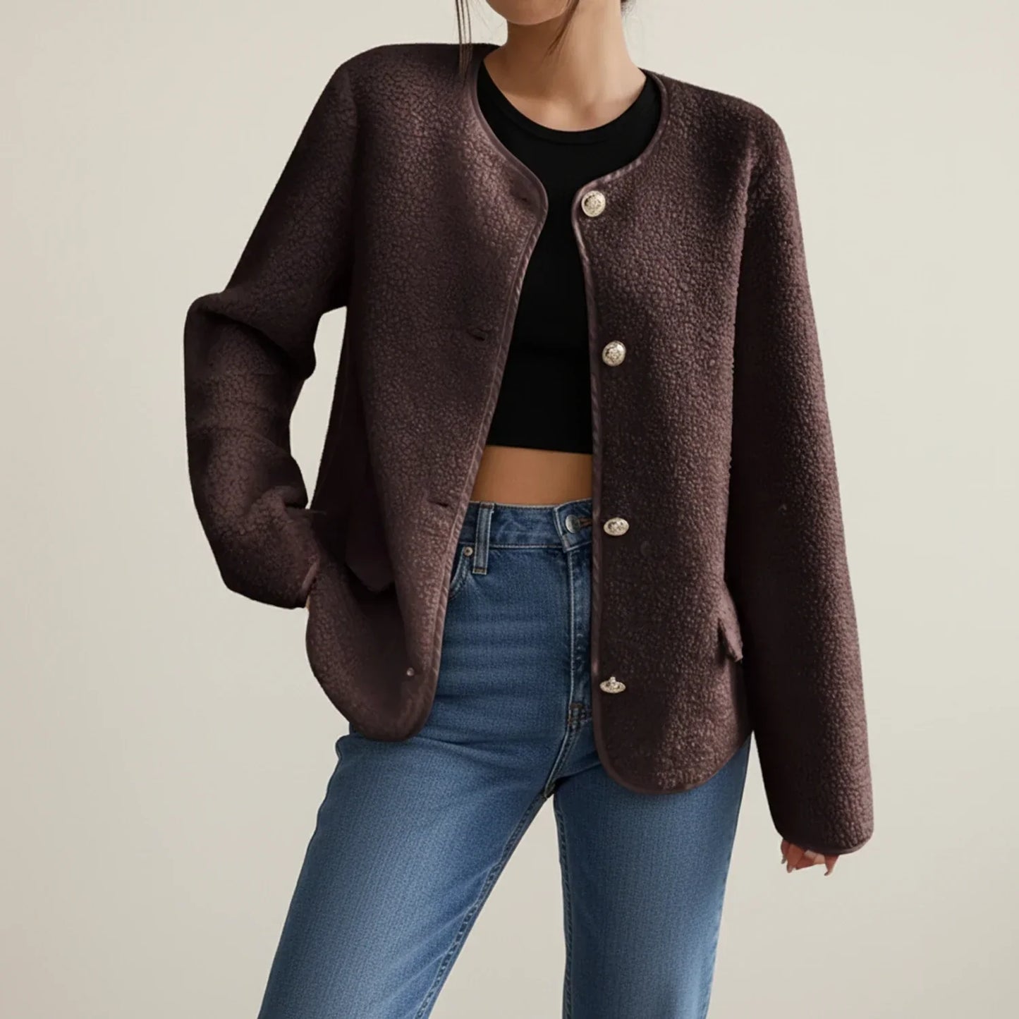 Street Wave Collarless Tweed Jacket For Women Patch Pockets