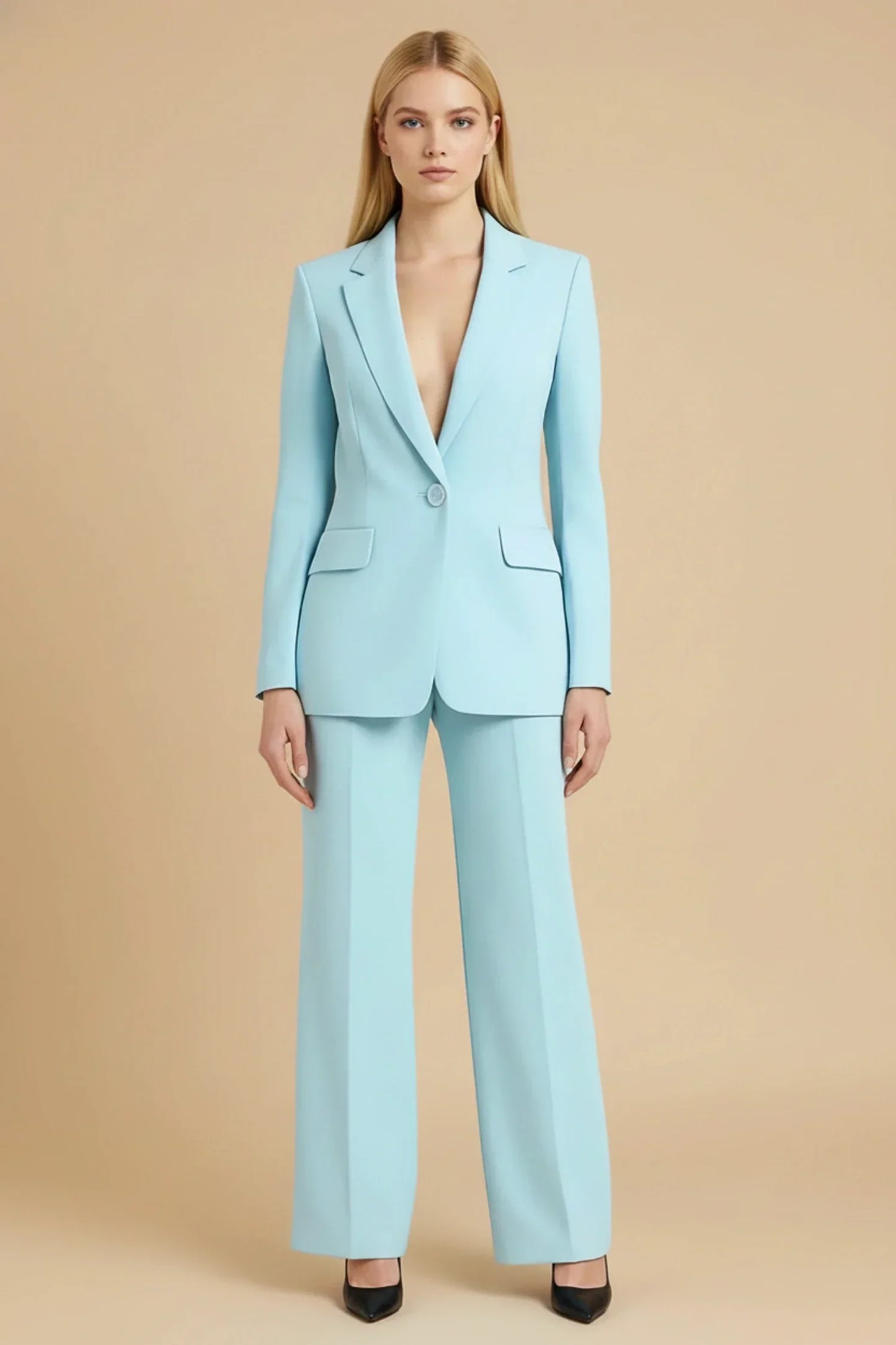 Elegant Women's Business Suit Street-Wave Tailored Blazer Wide-Leg Pants