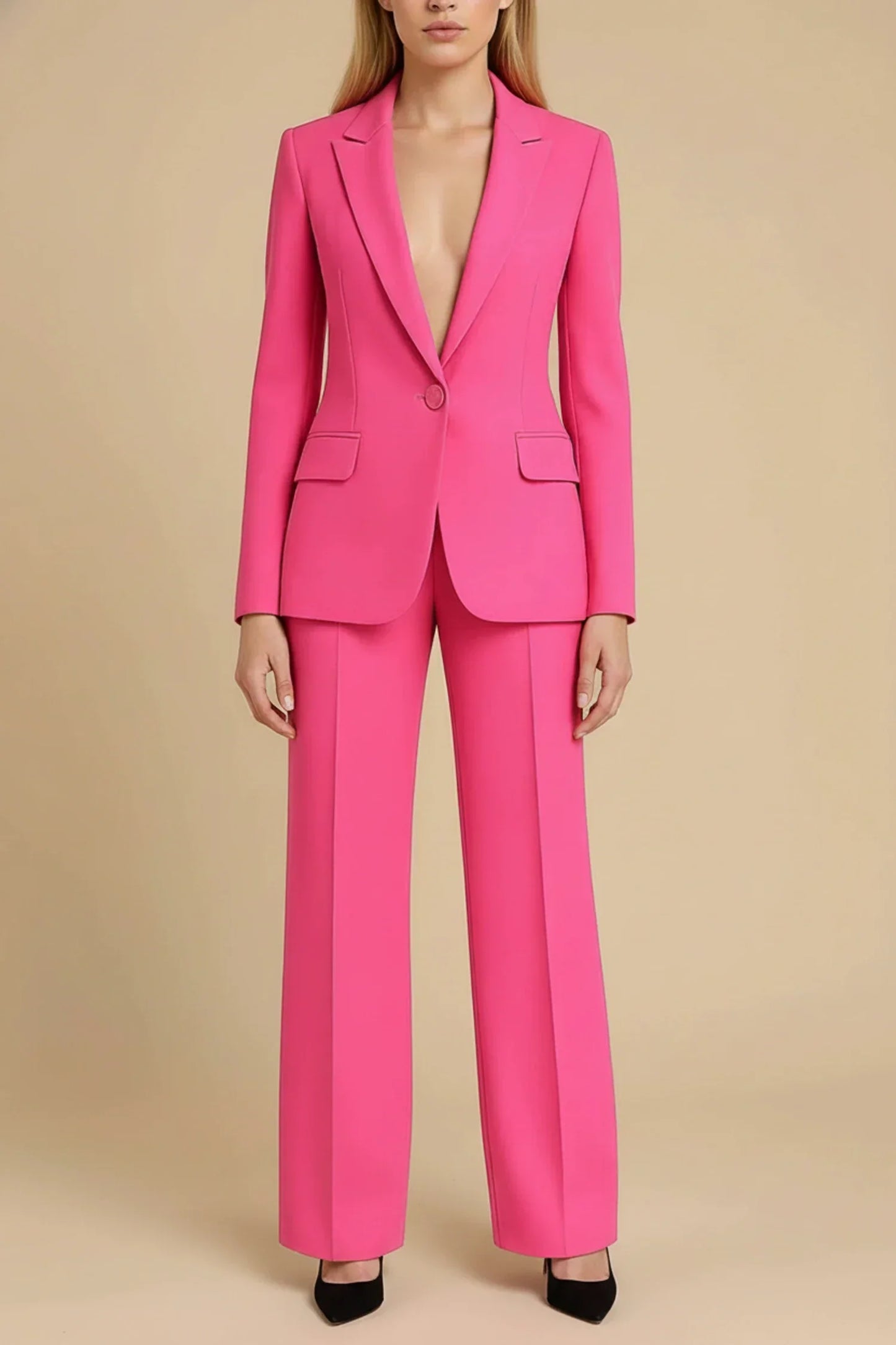 Elegant Women's Business Suit Street-Wave Tailored Blazer Wide-Leg Pants