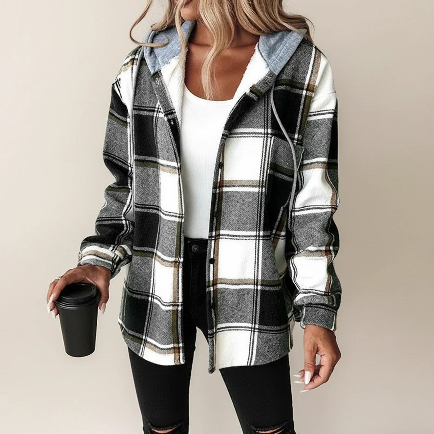 Street Wave Women Hooded Plaid Shirt Jacket Cozy Warm Layer