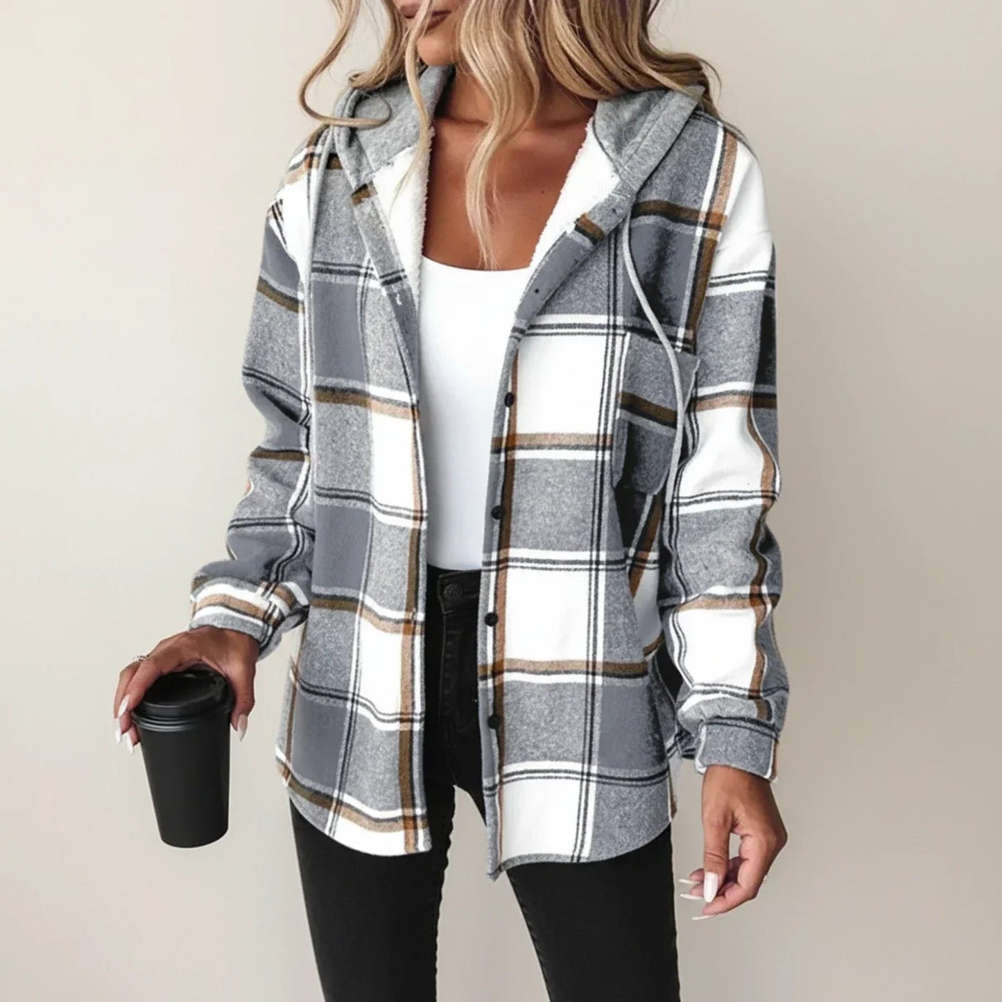 Street Wave Women Hooded Plaid Shirt Jacket Cozy Warm Layer