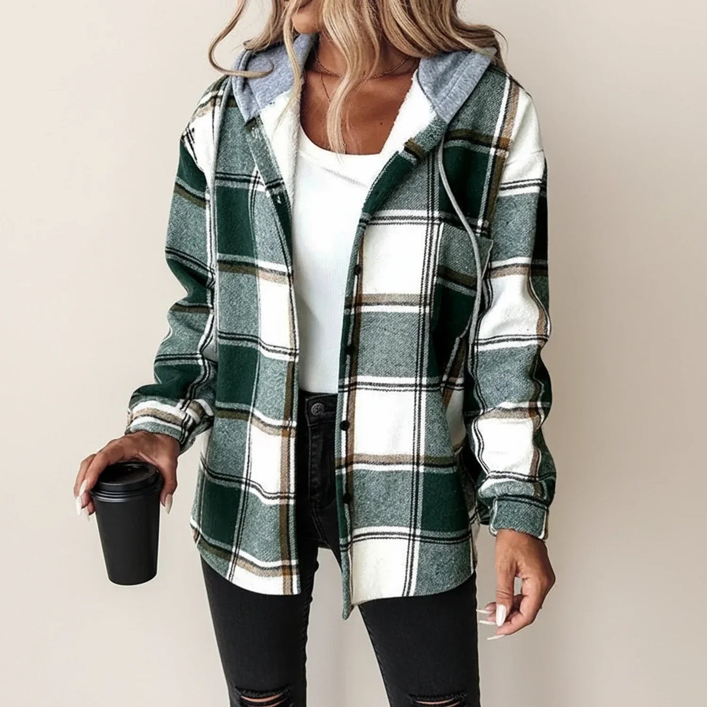 Street Wave Women Hooded Plaid Shirt Jacket Cozy Warm Layer