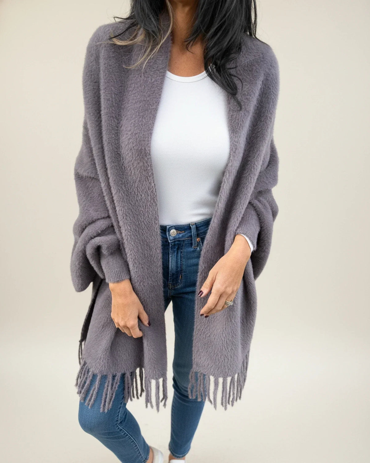 Street-Wave Women's Open Front Cardigan With Fringe Trim Cozy And Relaxed