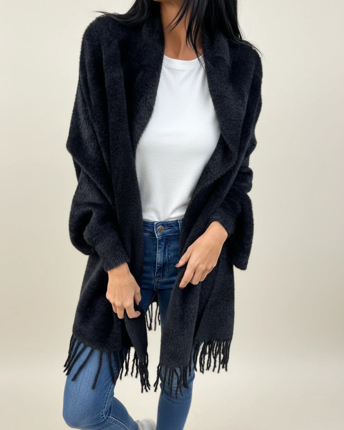 Street-Wave Women's Open Front Cardigan With Fringe Trim Cozy And Relaxed