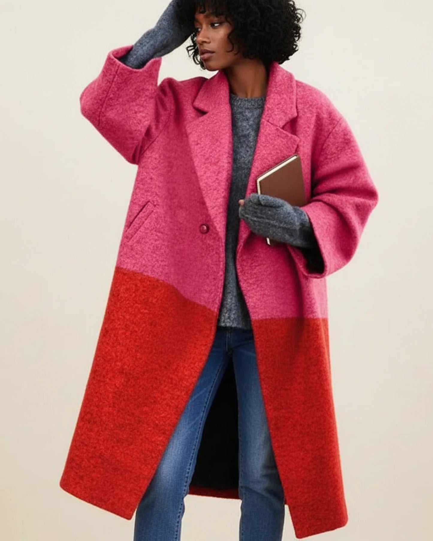 Street-Wave Colorful Long Winter Coat For Women Color-Block