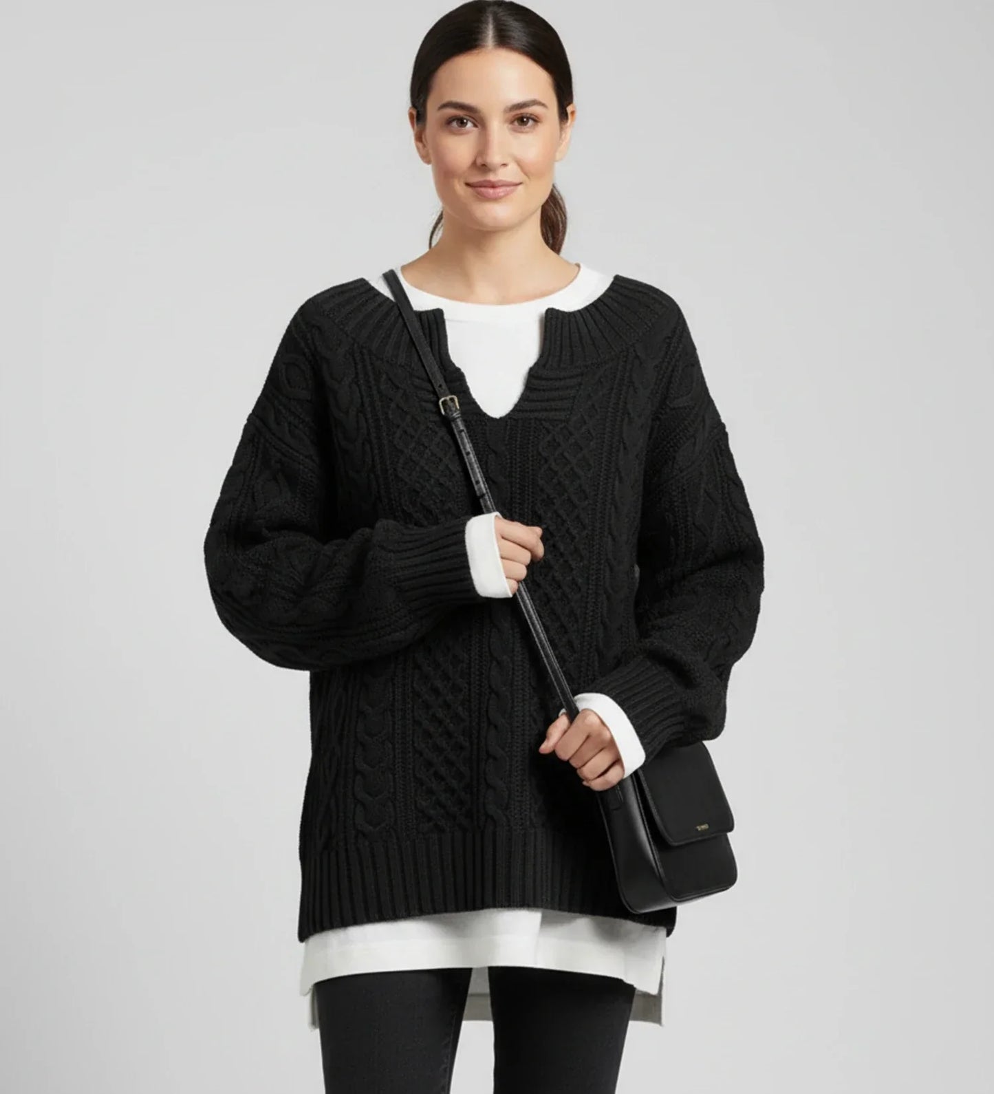 Street Wave Womens Oversized Cable Knit Sweater V Neck Cozy Layering Essential
