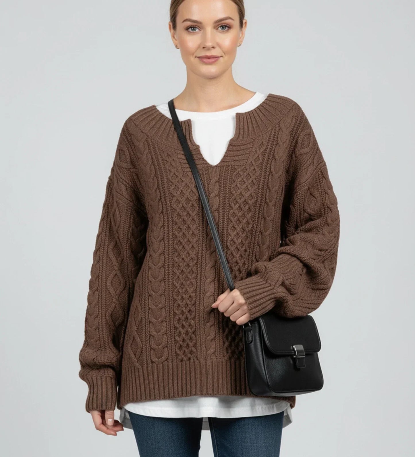 Street Wave Womens Oversized Cable Knit Sweater V Neck Cozy Layering Essential