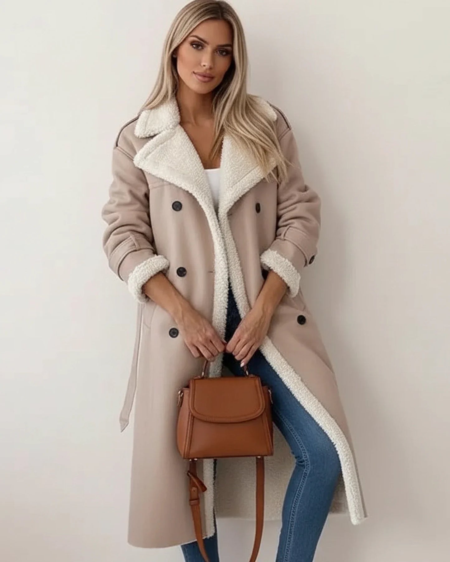 Street Wave Women Sherpa Long Winter Coat With Cozy Belted Silhouette